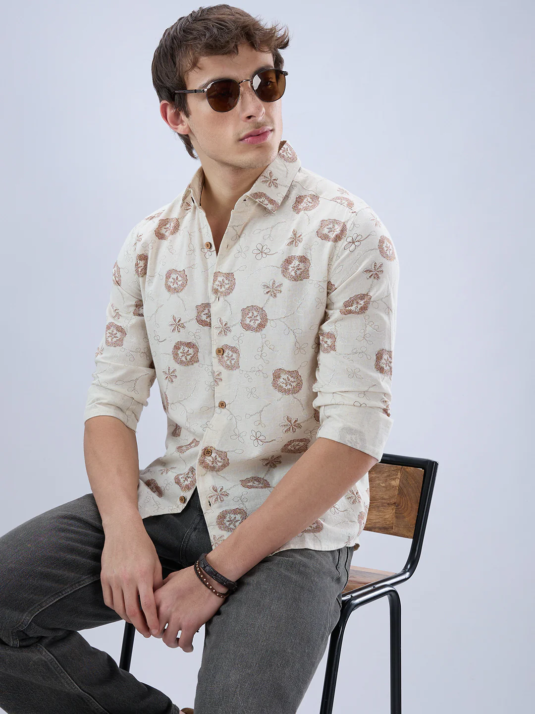 Intricate Soft Beige & Brown Botanical Bloom Linen Blend Shirt - Image 4