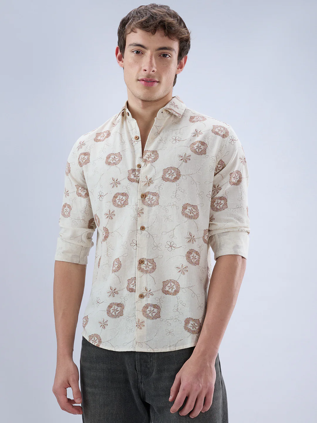 Intricate Soft Beige & Brown Botanical Bloom Linen Blend Shirt - Image 5