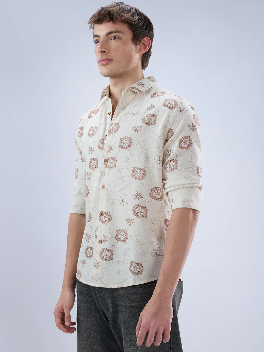 Intricate Soft Beige & Brown Botanical Bloom Linen Blend Shirt - Image 6