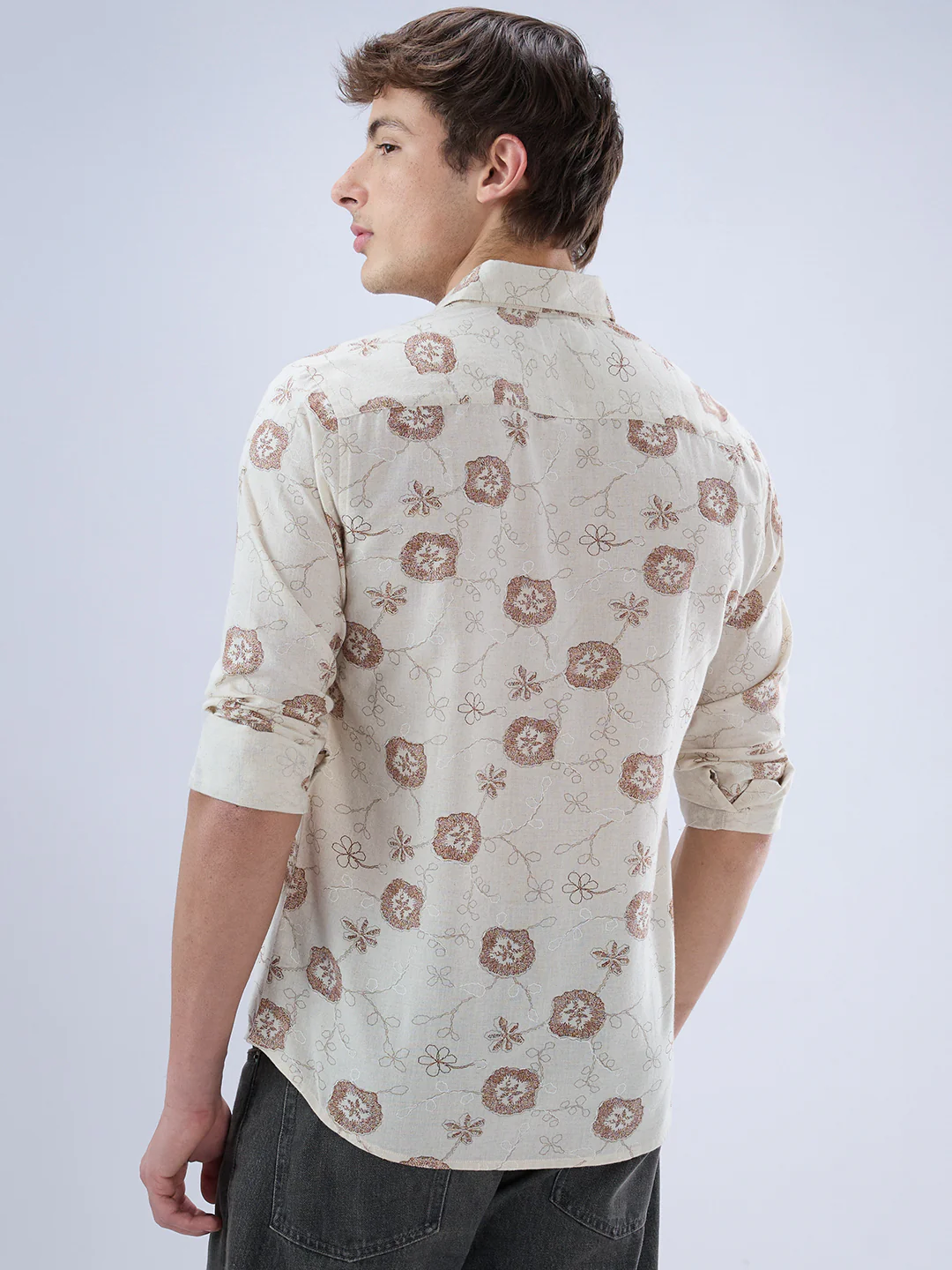 Intricate Soft Beige & Brown Botanical Bloom Linen Blend Shirt - Image 7