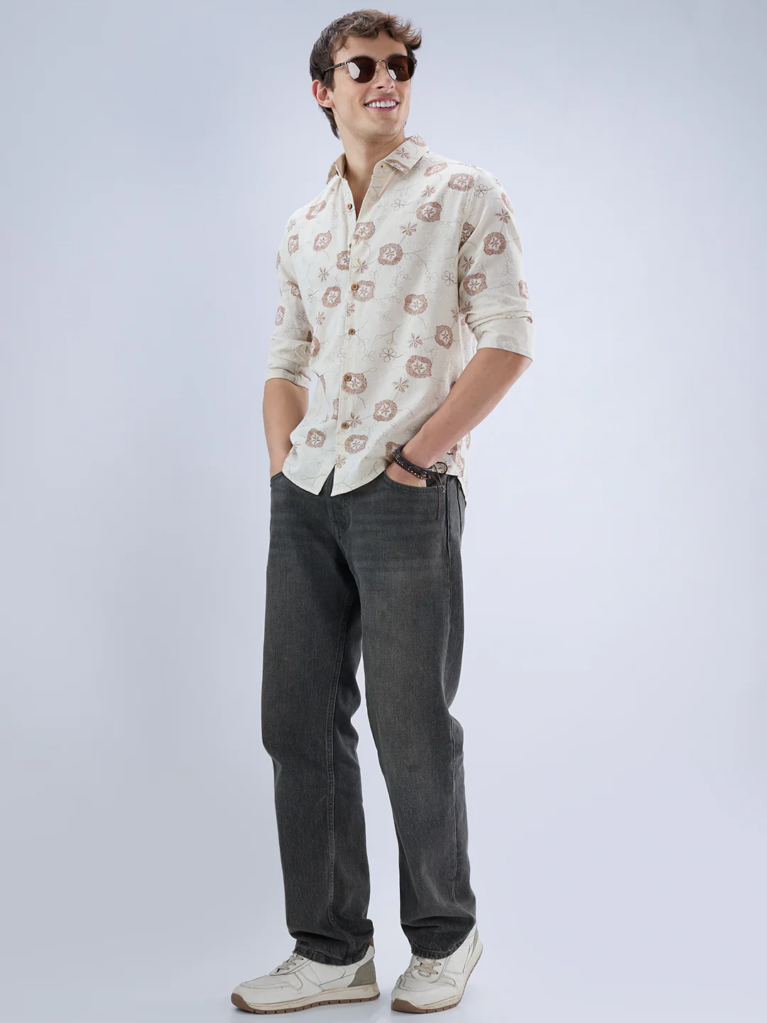 Intricate Soft Beige & Brown Botanical Bloom Linen Blend Shirt - Image 8