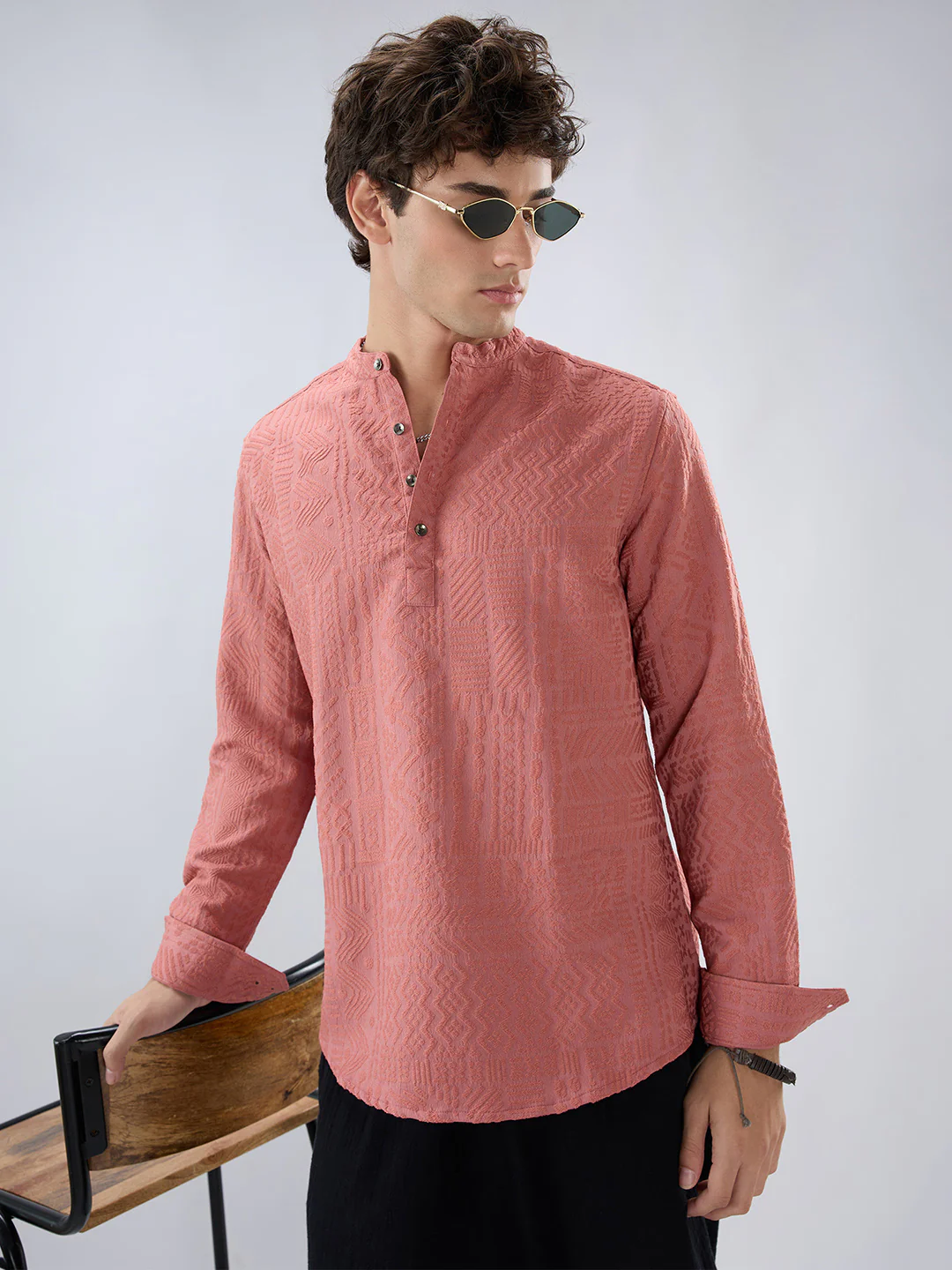 Intricate Soft Coral Textured Kurta - Image 2