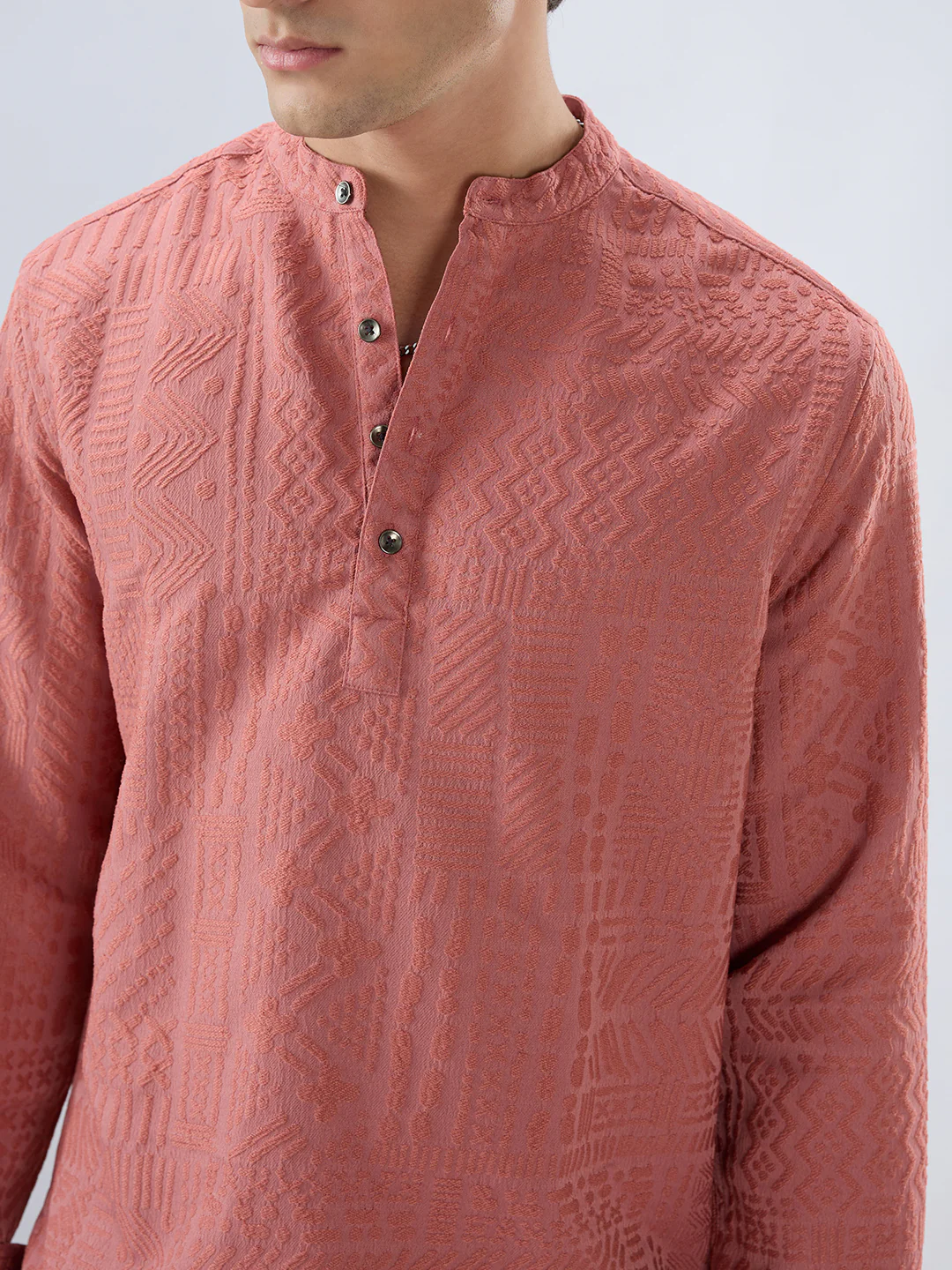 Intricate Soft Coral Textured Kurta - Image 3