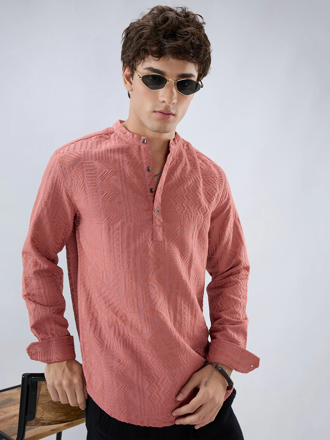 Intricate Soft Coral Textured Kurta - Image 4