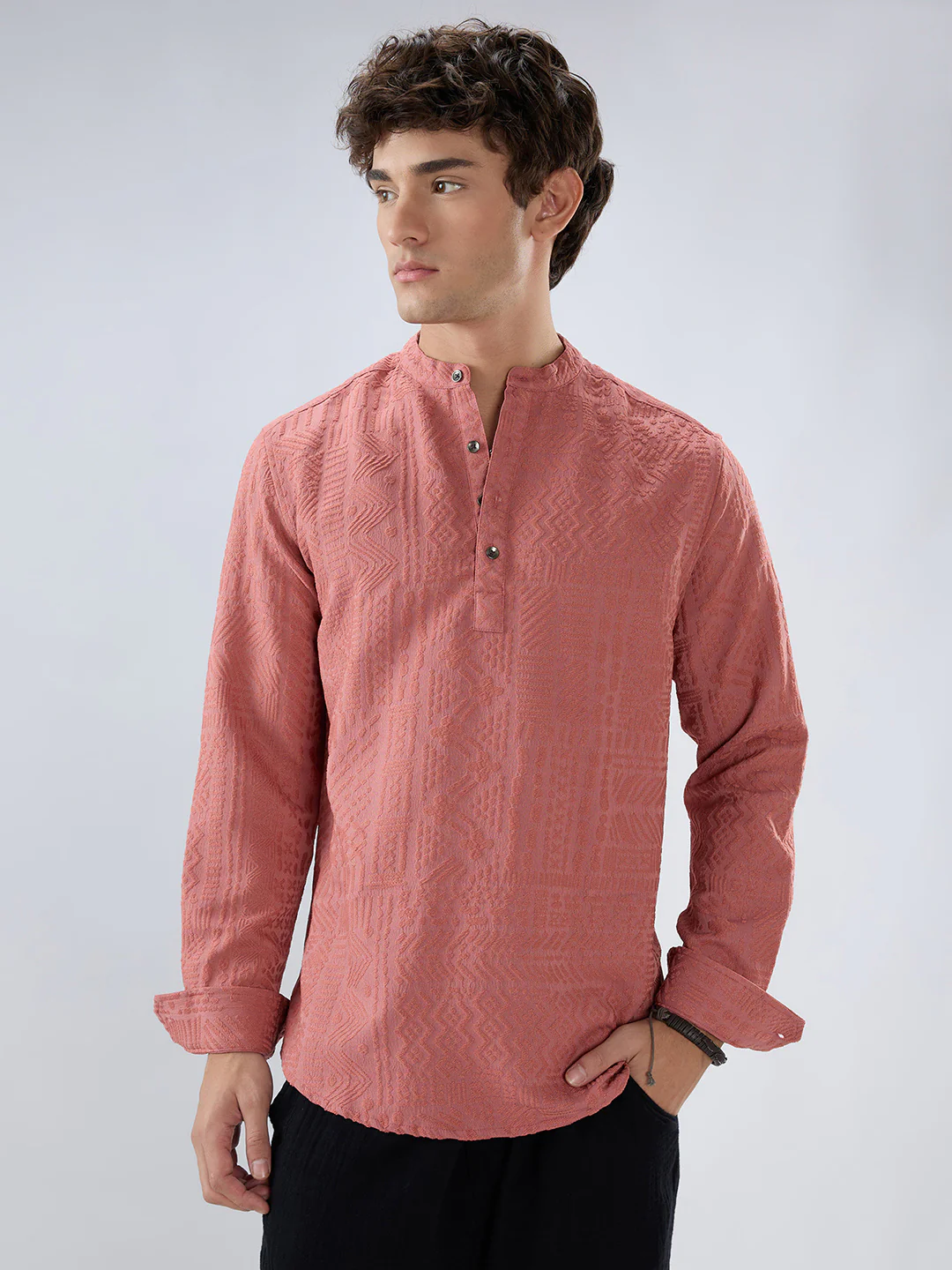 Intricate Soft Coral Textured Kurta - Image 5