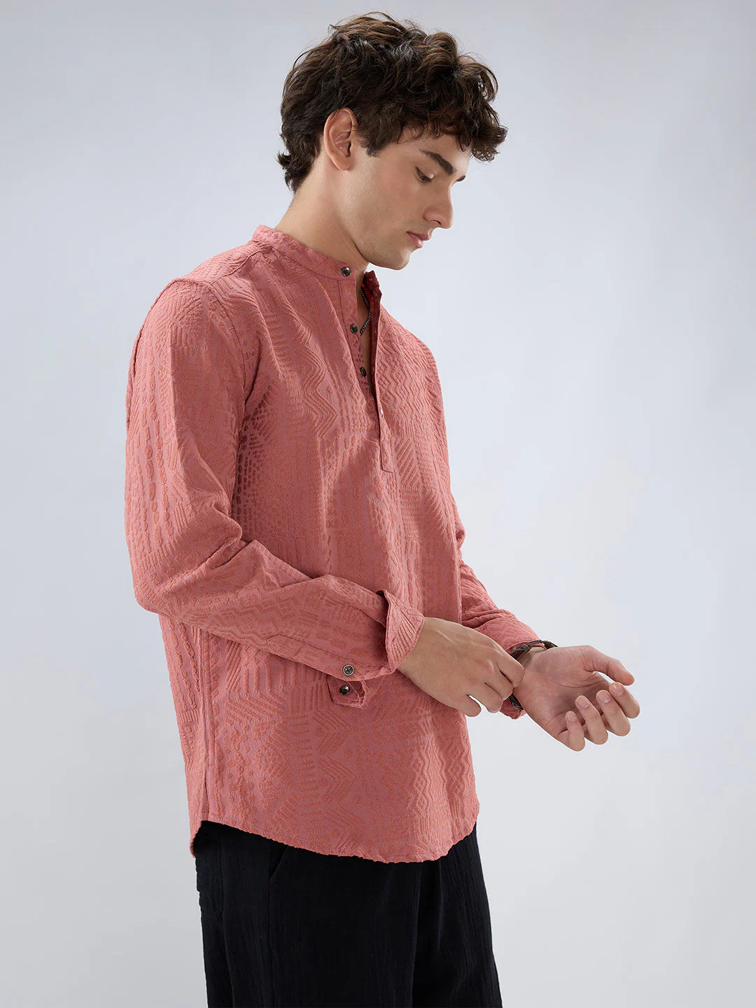 Intricate Soft Coral Textured Kurta - Image 6