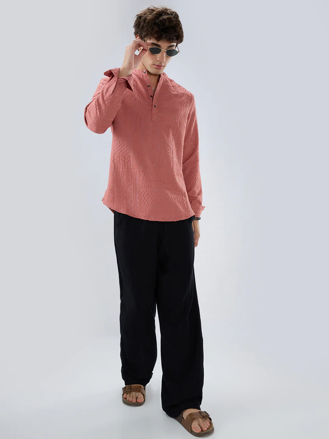 Intricate Soft Coral Textured Kurta - Image 8