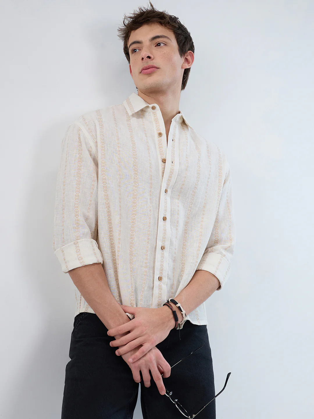 Ivory & Beige Burlap Striped Embroidery Boxy Fit Crop Shirt - Image 2