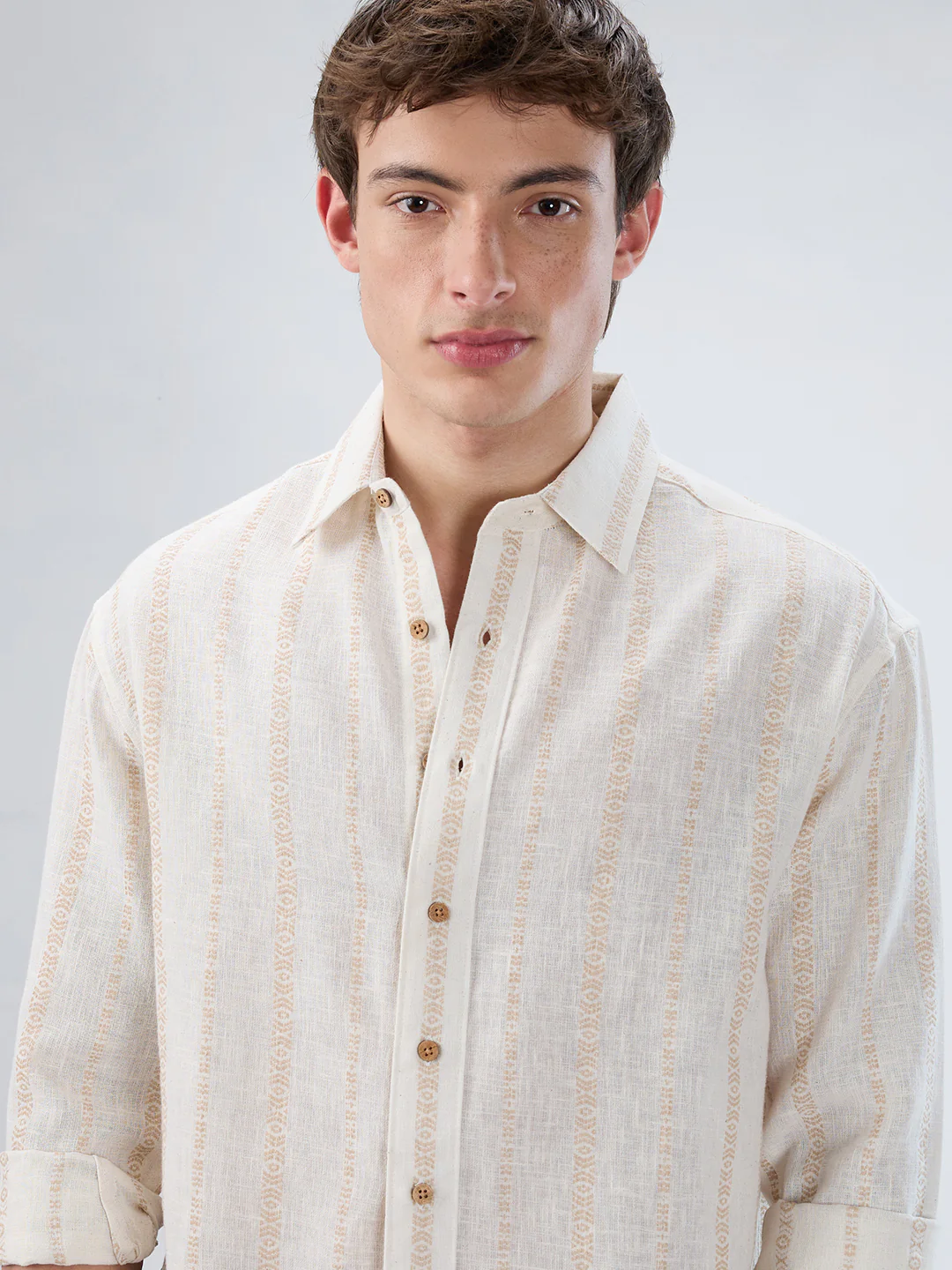 Ivory & Beige Burlap Striped Embroidery Boxy Fit Crop Shirt - Image 3