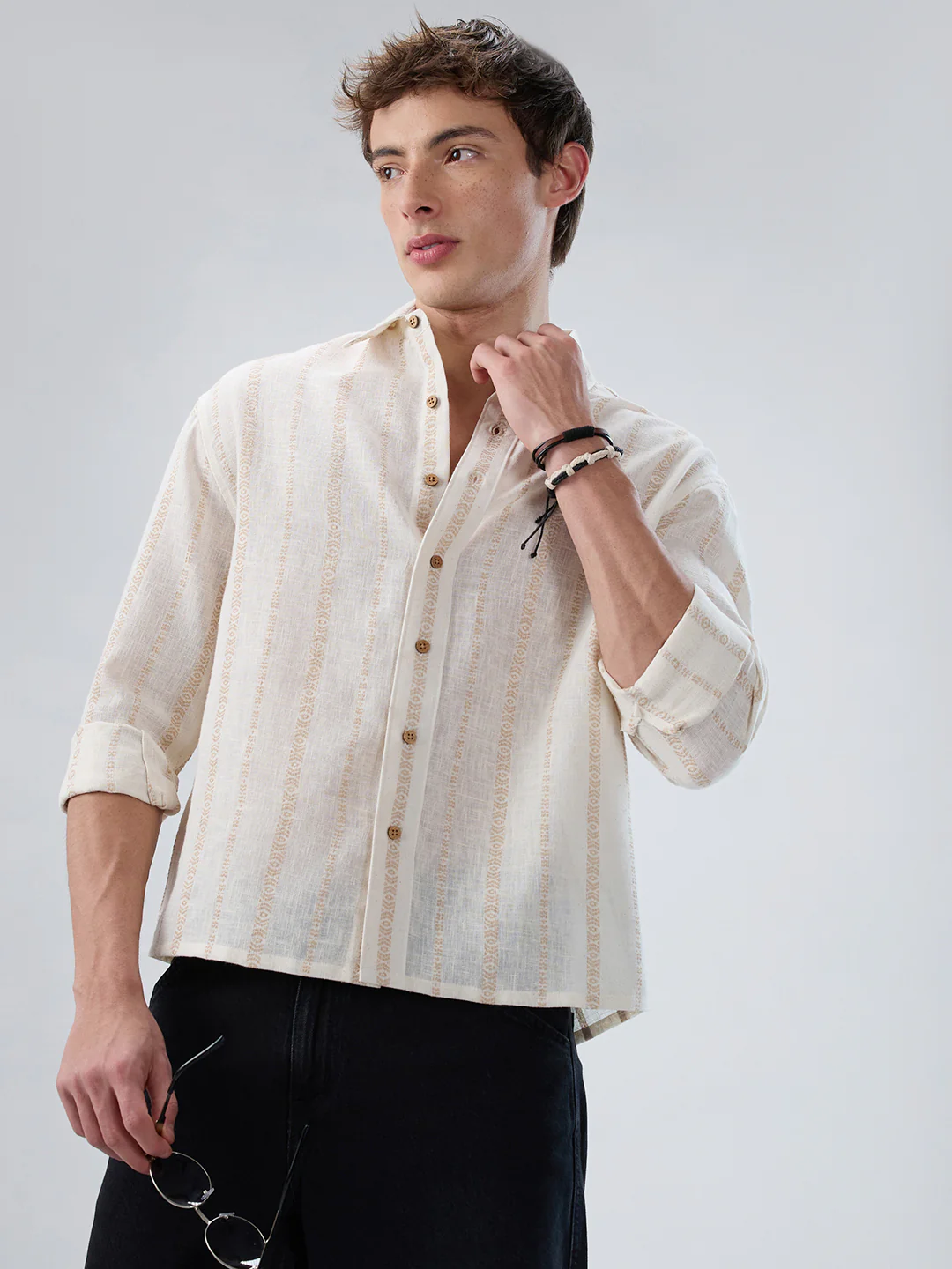 Ivory & Beige Burlap Striped Embroidery Boxy Fit Crop Shirt - Image 4