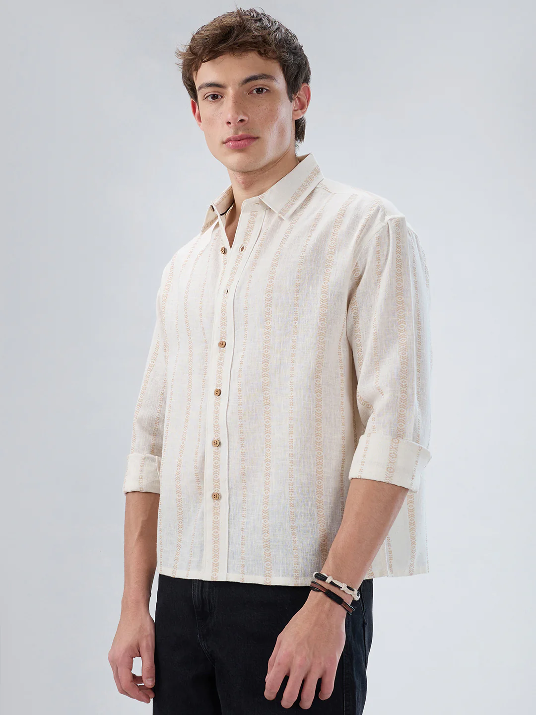 Ivory & Beige Burlap Striped Embroidery Boxy Fit Crop Shirt - Image 5