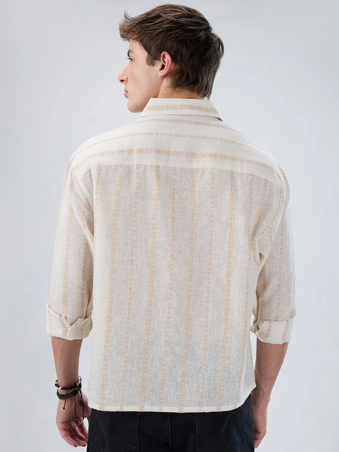 Ivory & Beige Burlap Striped Embroidery Boxy Fit Crop Shirt - Image 6