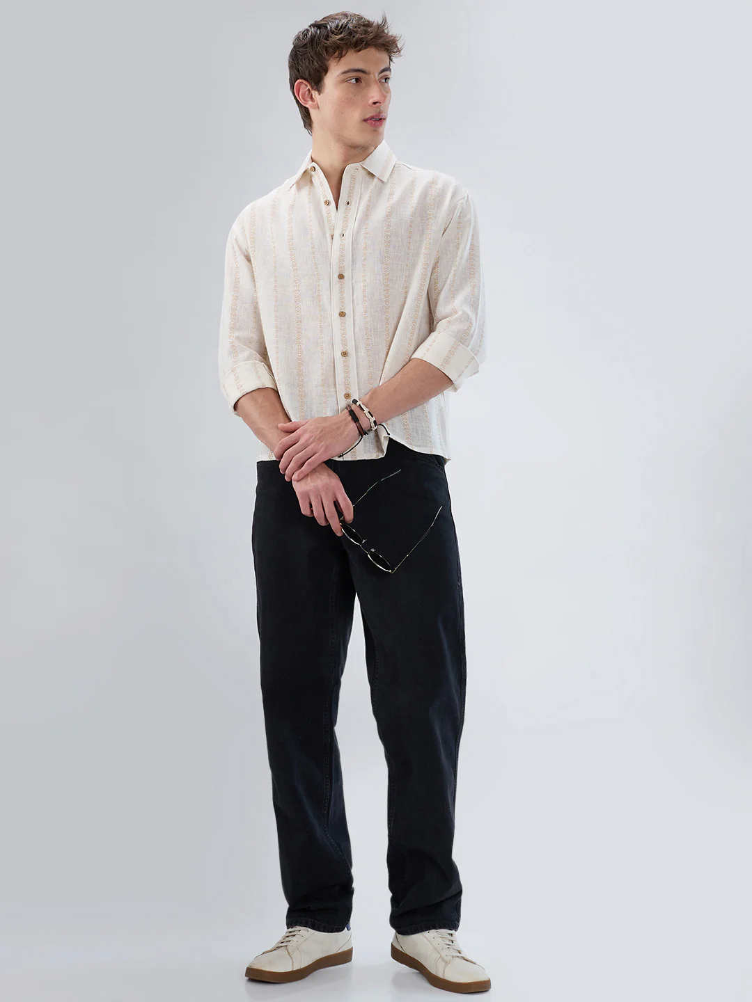 Ivory & Beige Burlap Striped Embroidery Boxy Fit Crop Shirt - Image 7