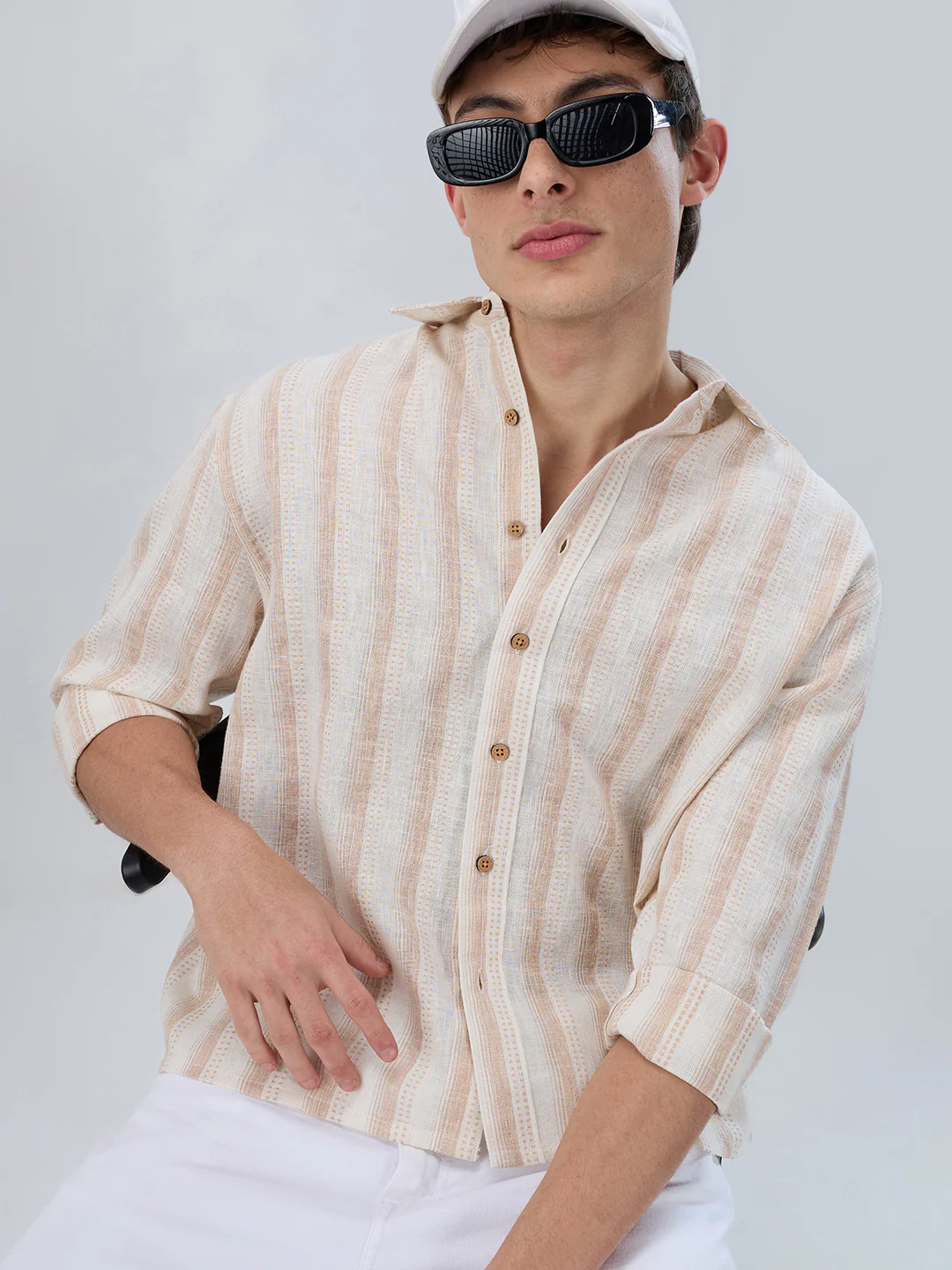 Ivory & Beige Burlap Striped Shirt - Image 4