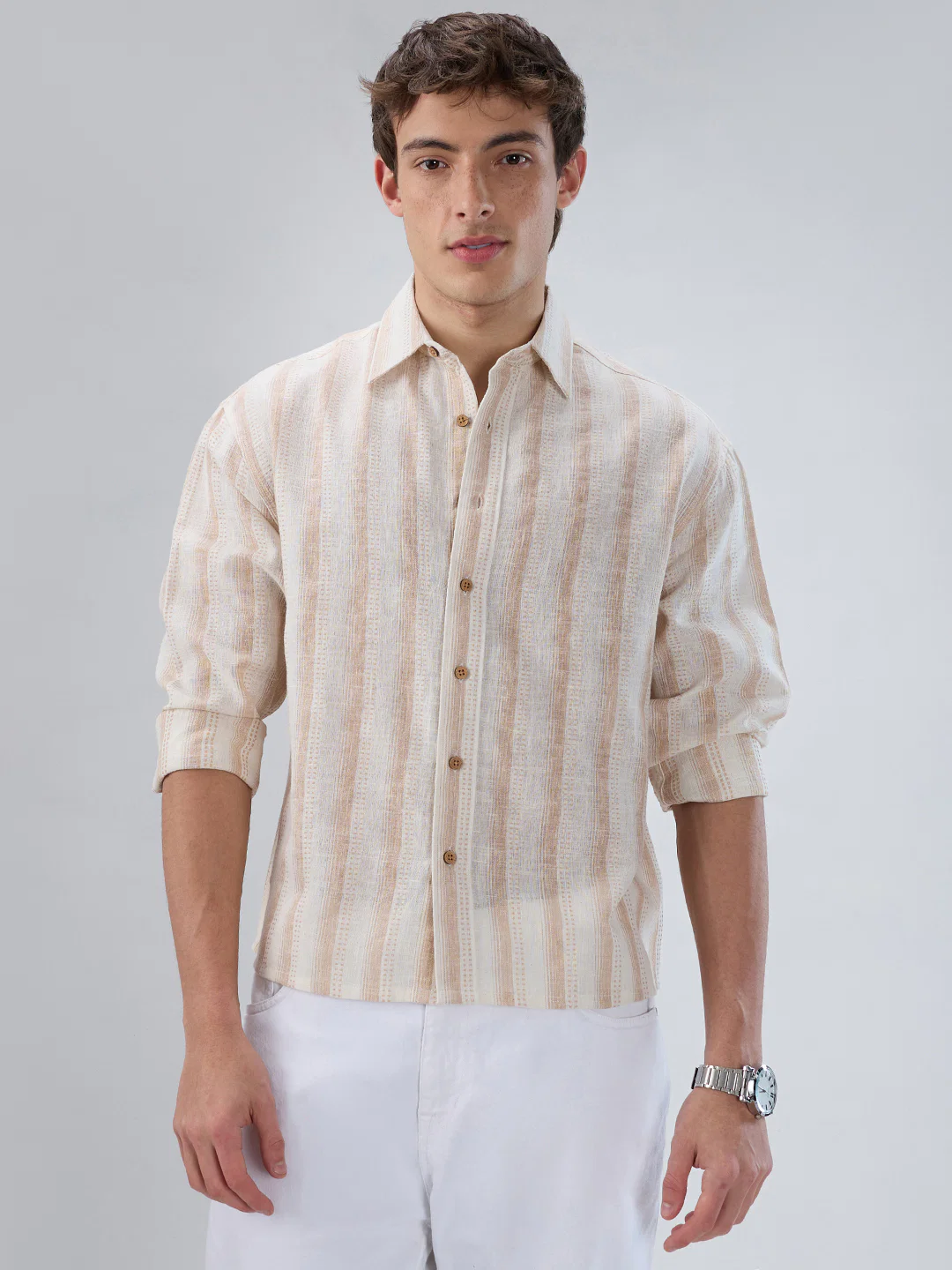 Ivory & Beige Burlap Striped Shirt - Image 5
