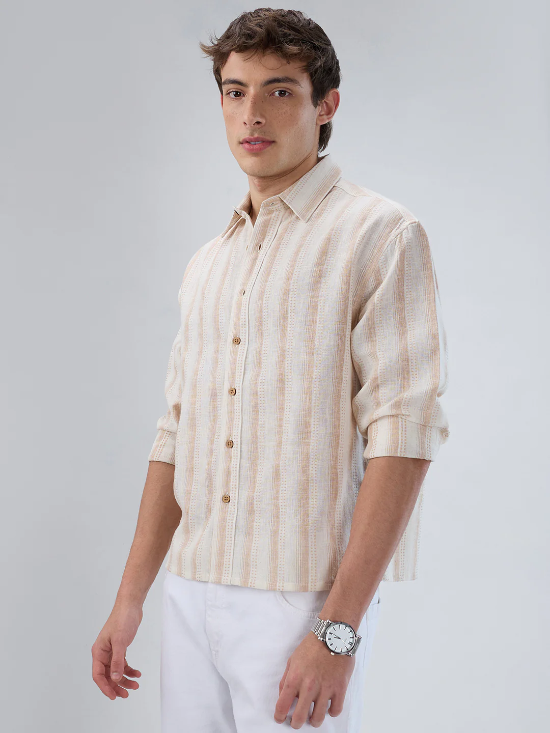 Ivory & Beige Burlap Striped Shirt - Image 6