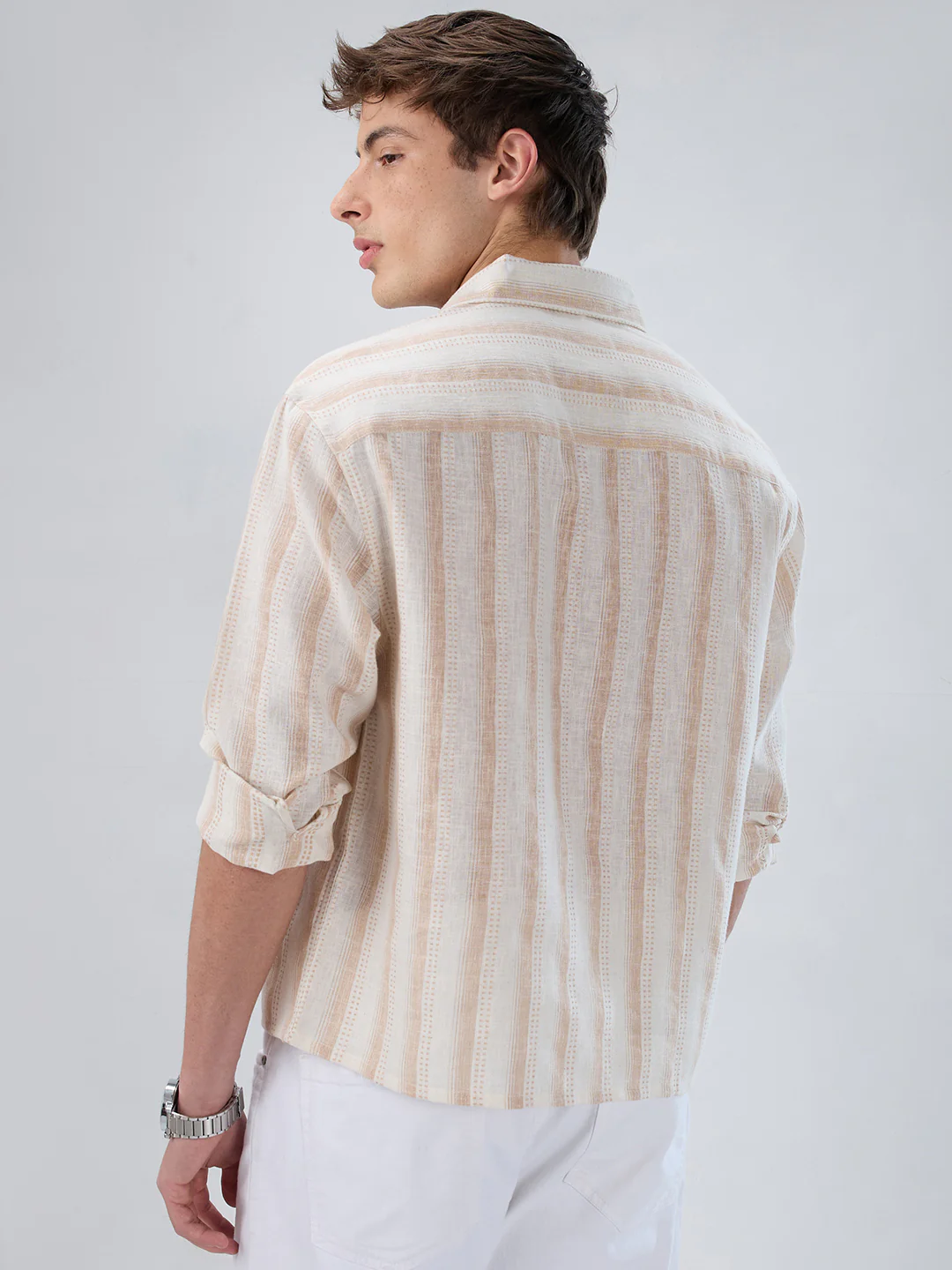 Ivory & Beige Burlap Striped Shirt - Image 7