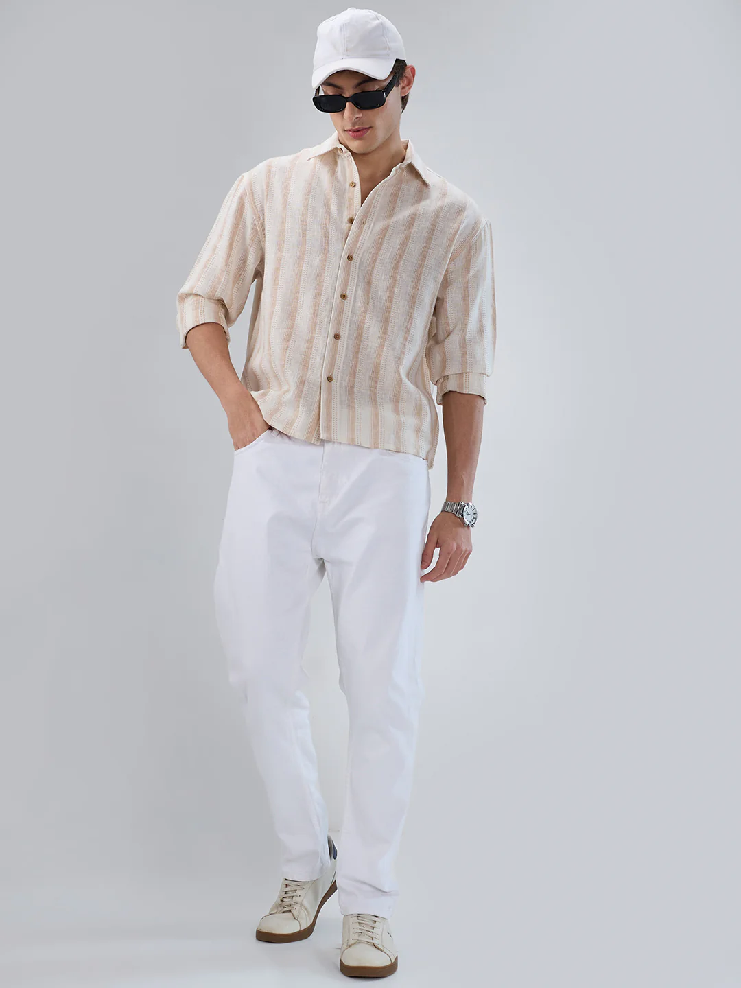 Ivory & Beige Burlap Striped Shirt - Image 8