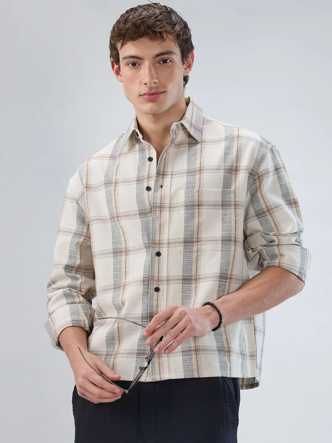 Ivory & Beige Windowpane Checks Boxy Fit Crop Shirt - Image 2