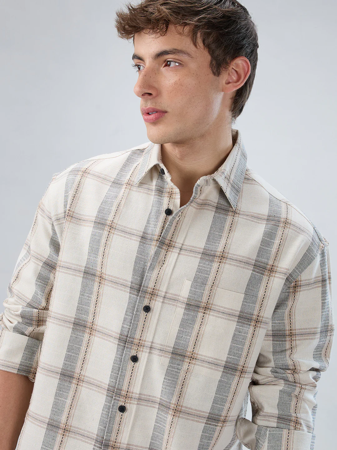 Ivory & Beige Windowpane Checks Boxy Fit Crop Shirt - Image 3