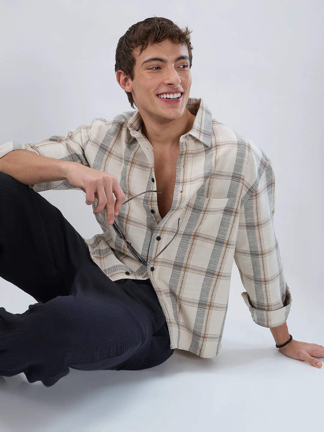 Ivory & Beige Windowpane Checks Boxy Fit Crop Shirt - Image 4