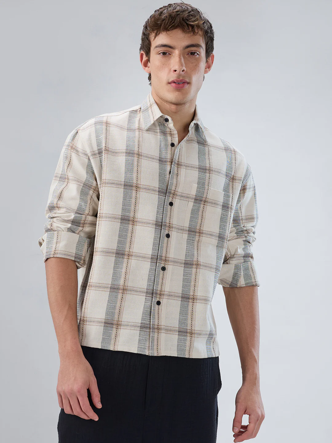 Ivory & Beige Windowpane Checks Boxy Fit Crop Shirt - Image 5