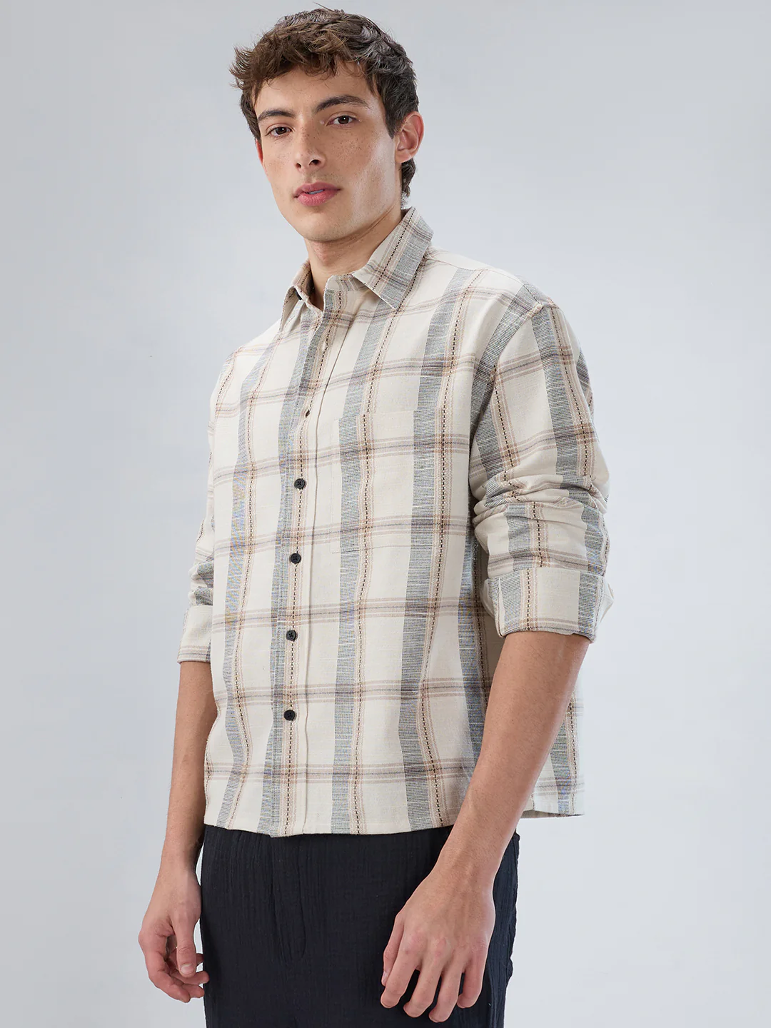 Ivory & Beige Windowpane Checks Boxy Fit Crop Shirt - Image 6