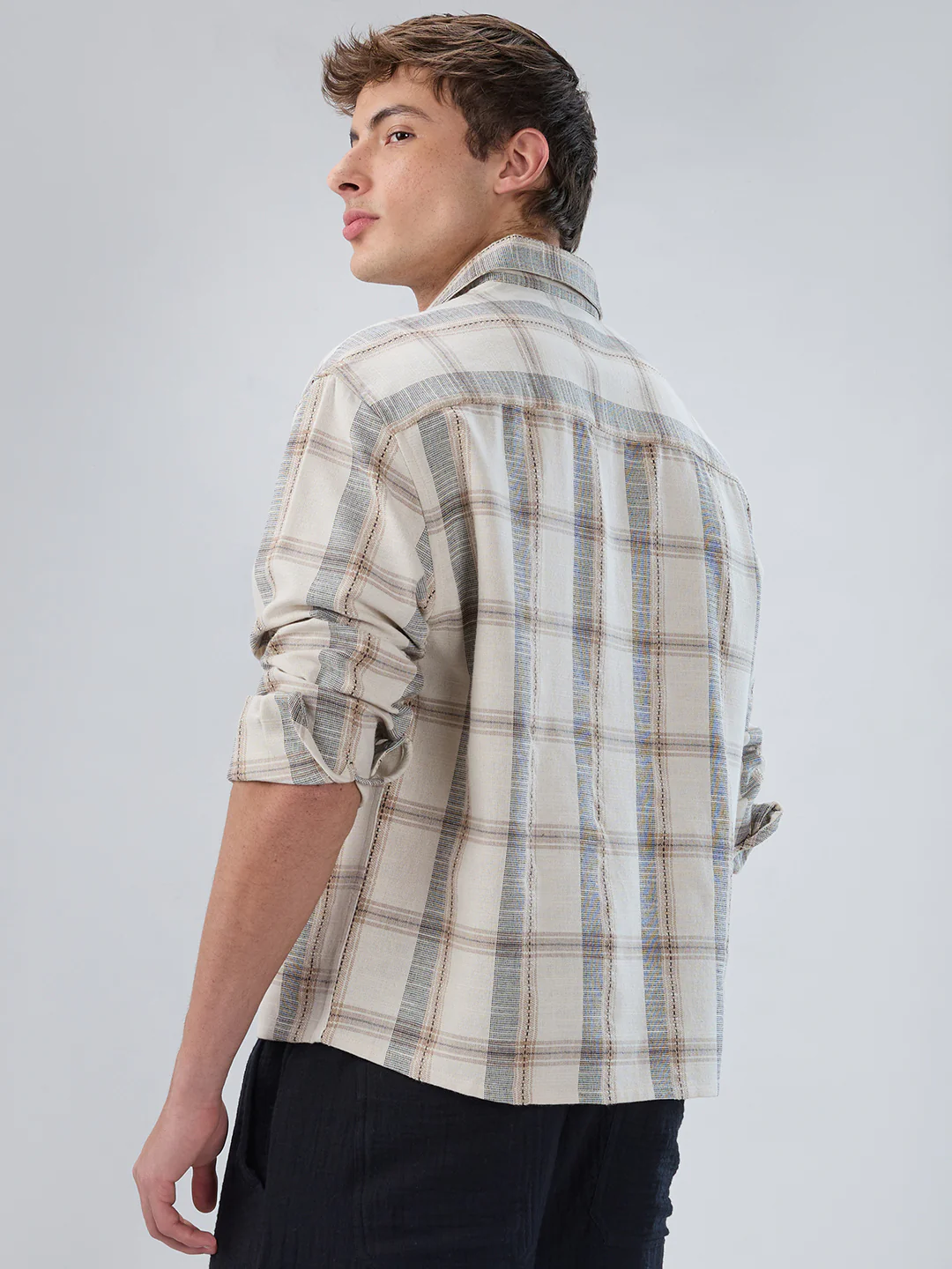 Ivory & Beige Windowpane Checks Boxy Fit Crop Shirt - Image 7