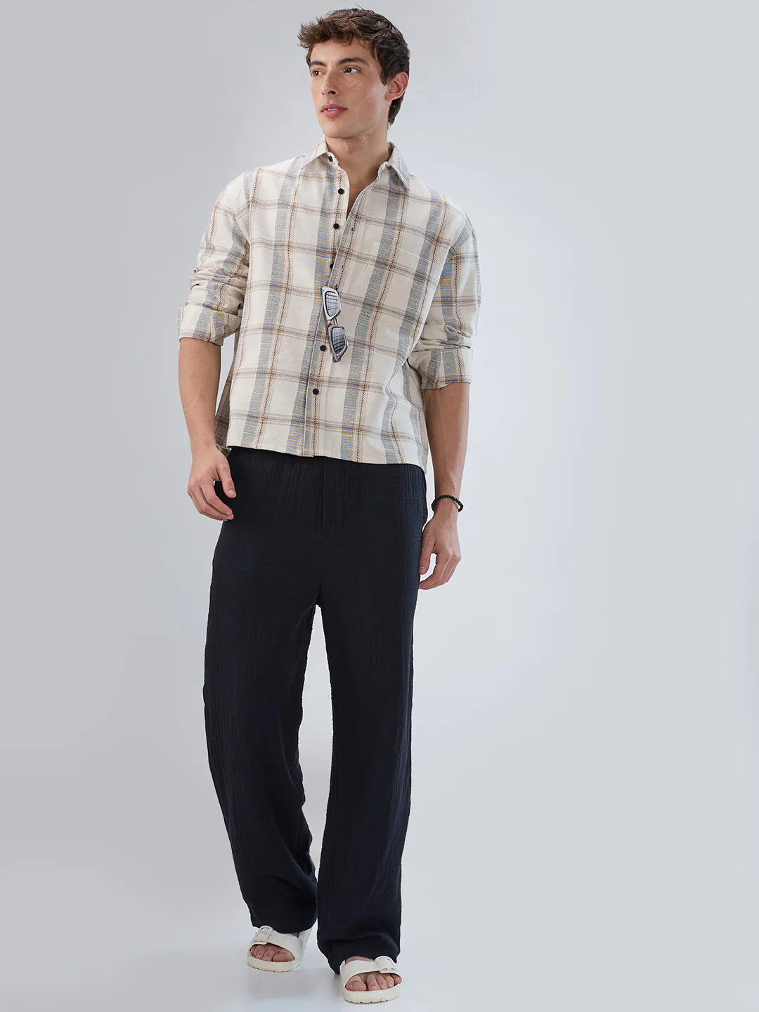 Ivory & Beige Windowpane Checks Boxy Fit Crop Shirt - Image 8