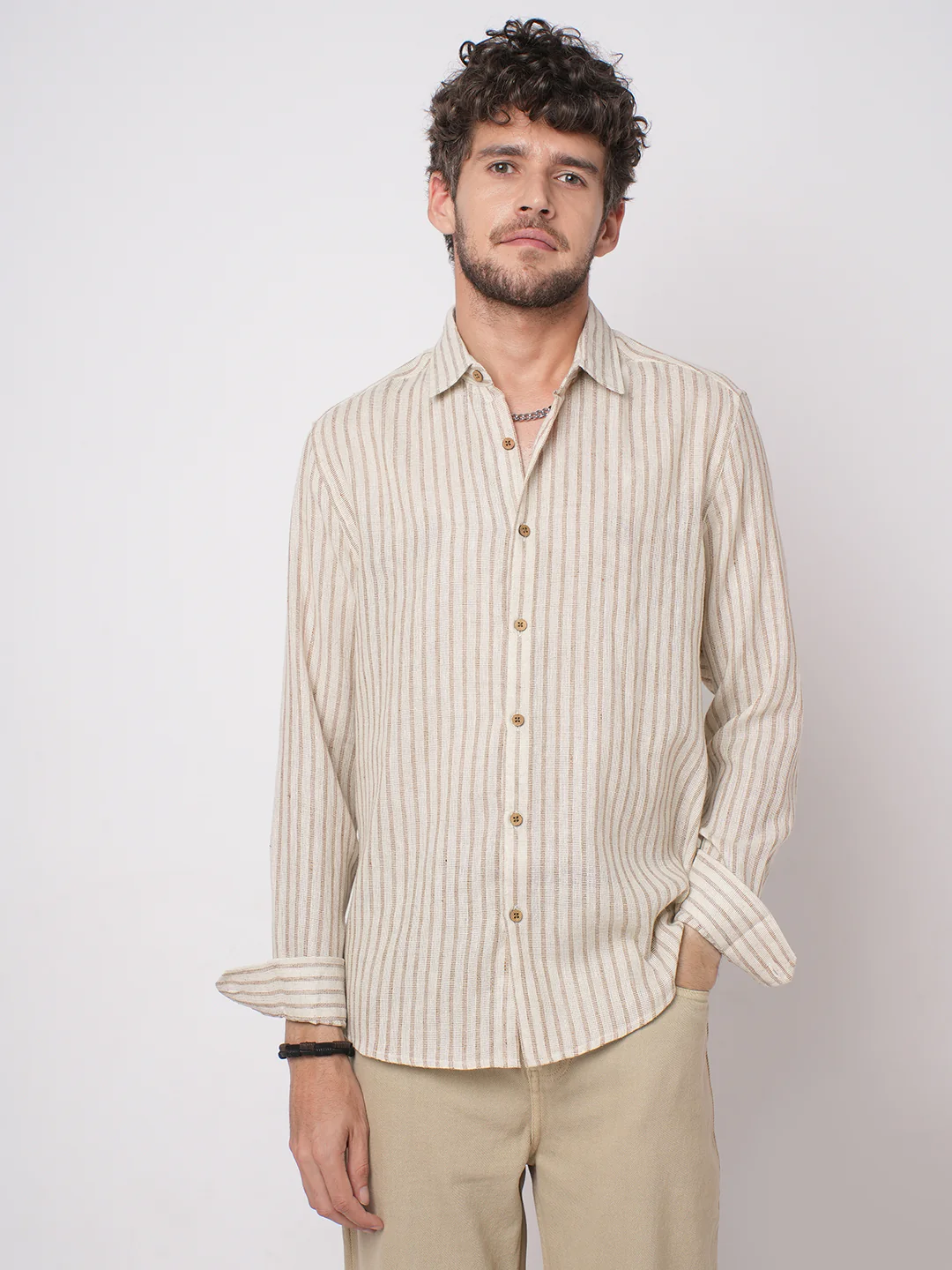 Ivory & Brown Burlap Striped Shirt - Image 4