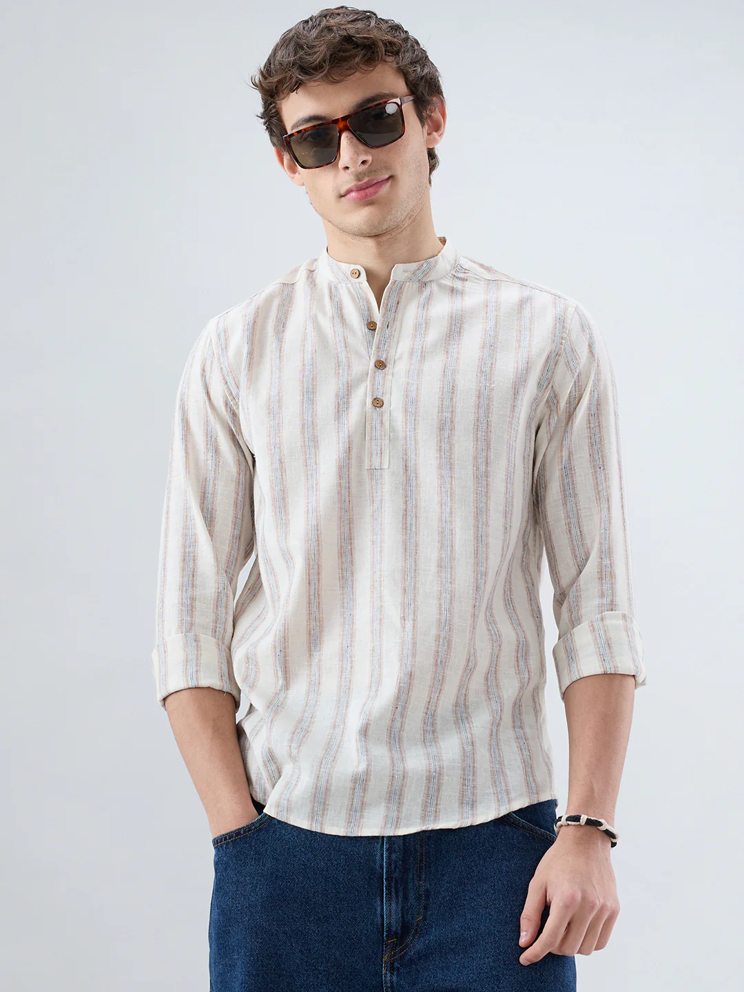Ivory Multi Line Vertical Striped Kurta