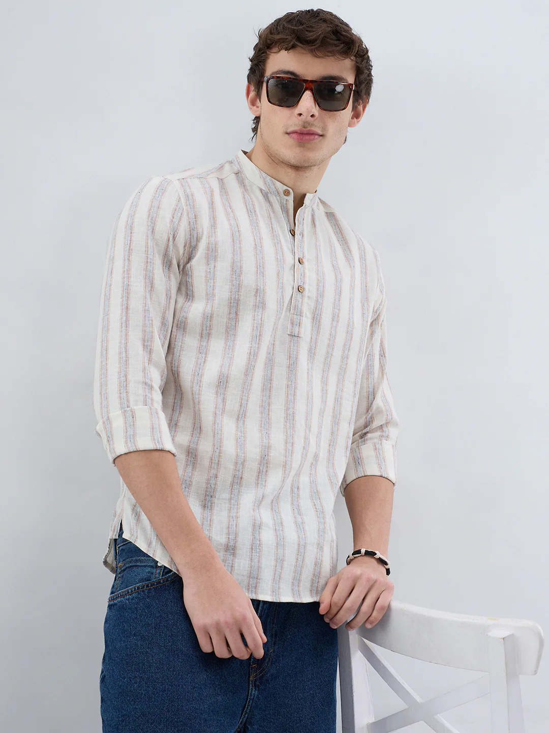 Ivory Multi Line Vertical Striped Kurta - Image 2