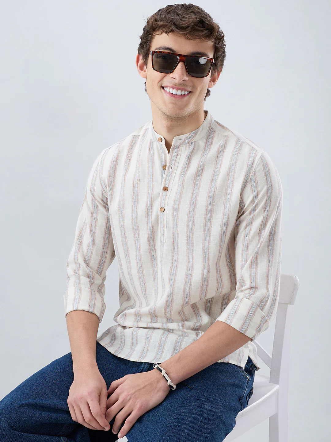 Ivory Multi Line Vertical Striped Kurta - Image 4