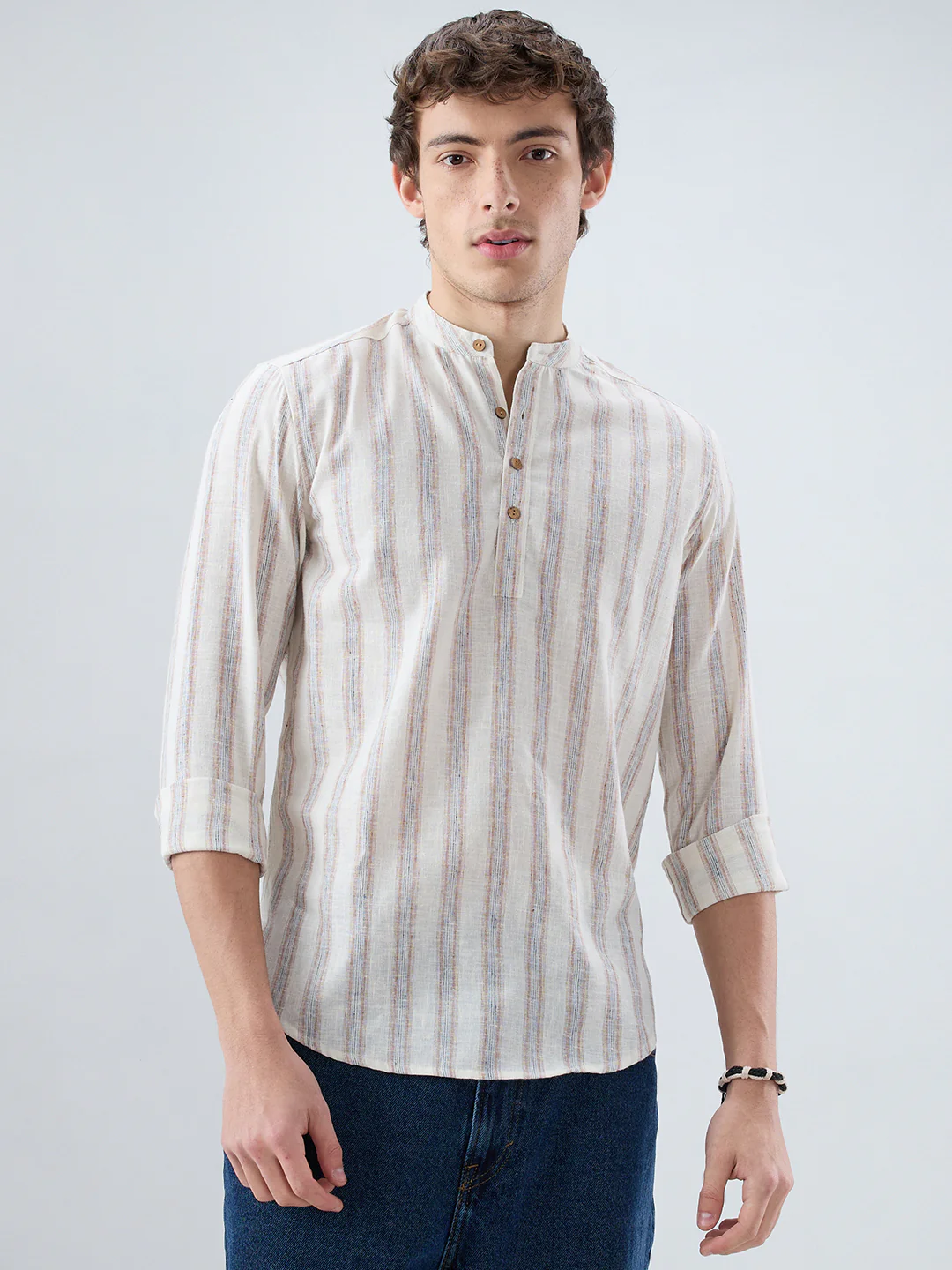 Ivory Multi Line Vertical Striped Kurta - Image 5