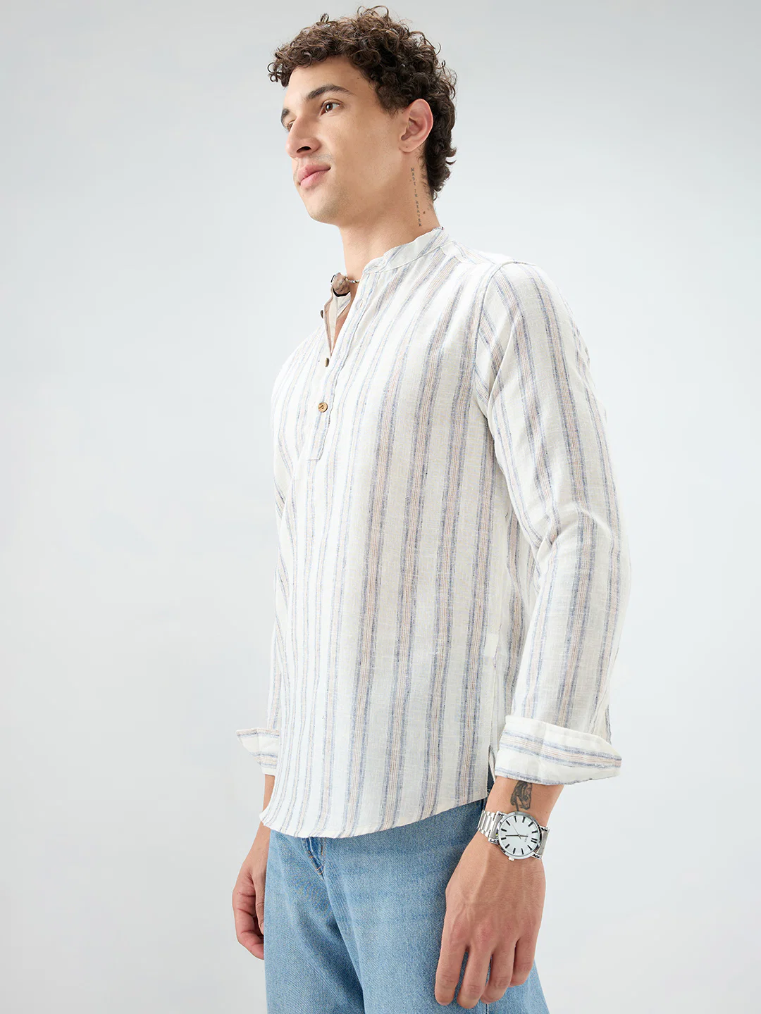 Ivory & Navy Multi-Line Vertical Striped Kurta - Image 6