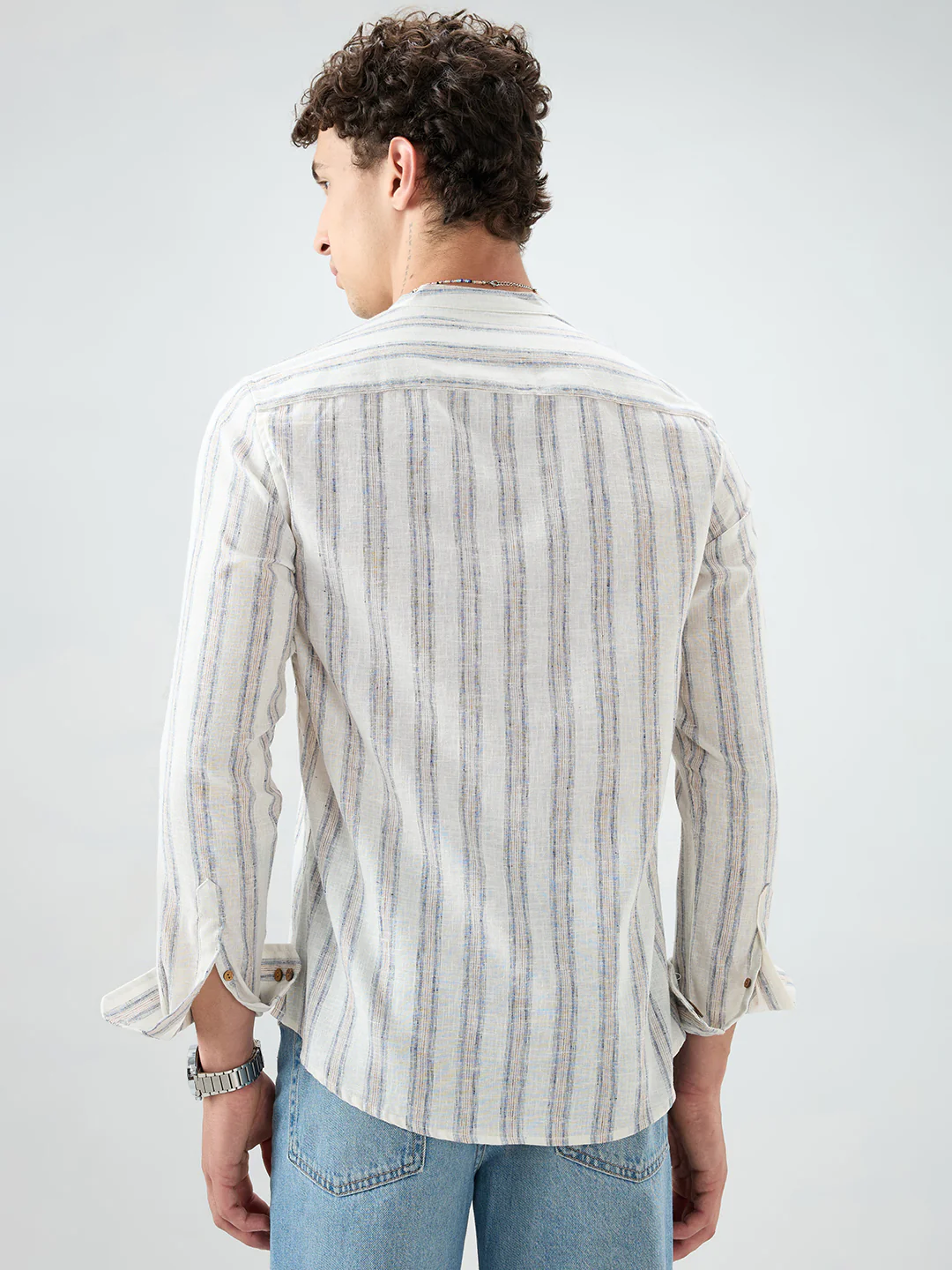 Ivory & Navy Multi-Line Vertical Striped Kurta - Image 7