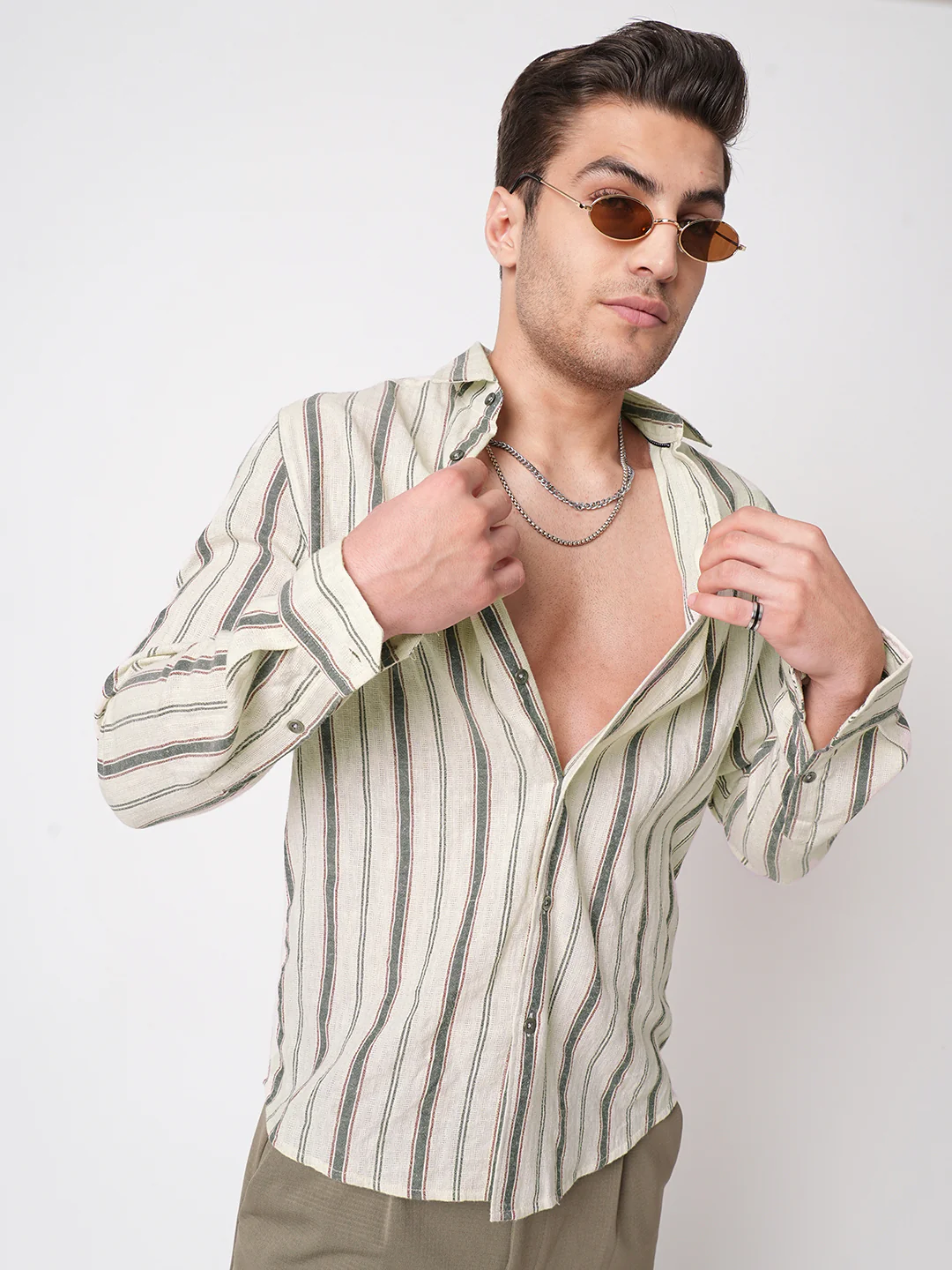 Ivory & Olive Vertical Striped Burlap Shirt - Image 2