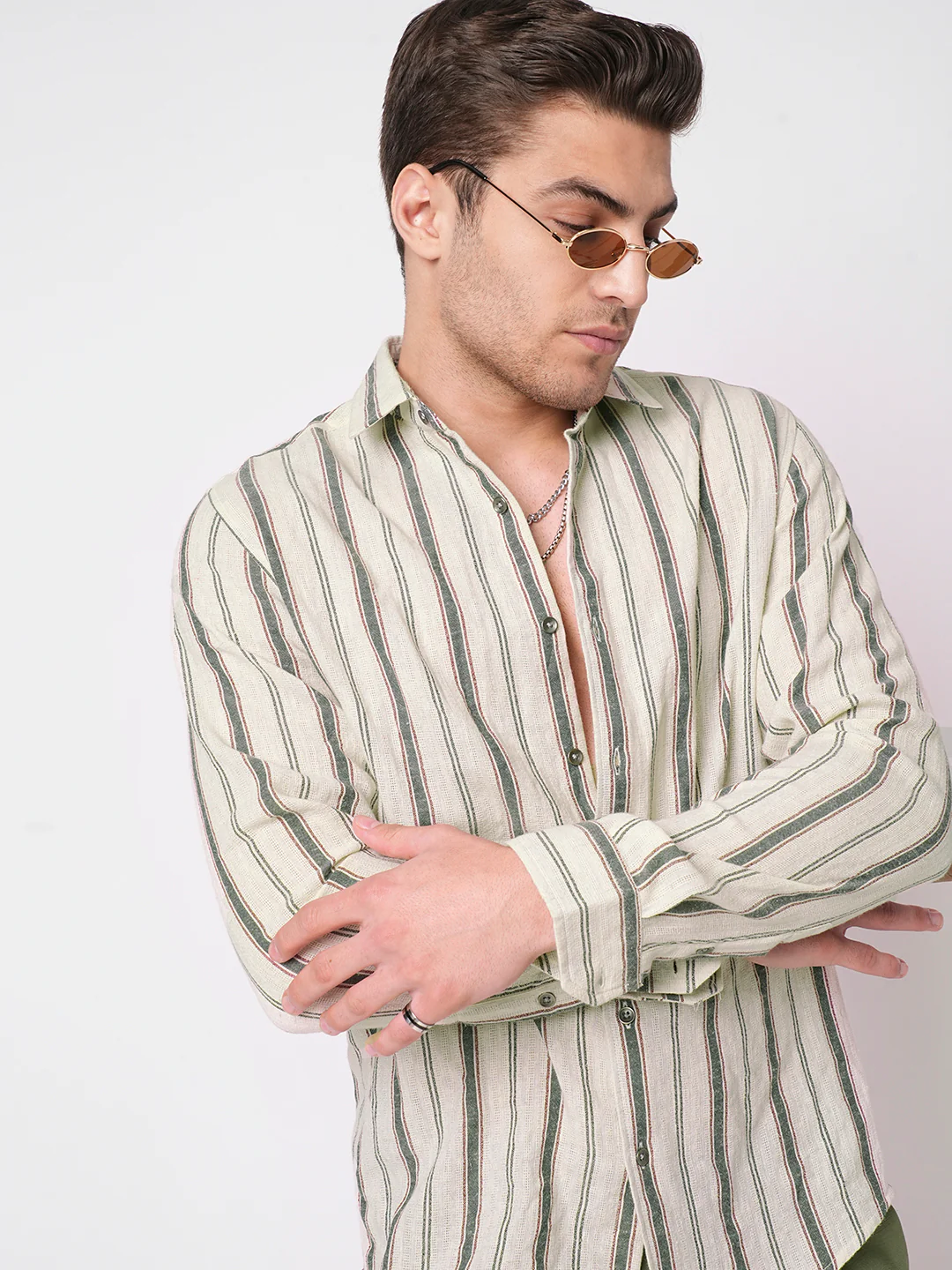 Ivory & Olive Vertical Striped Burlap Shirt - Image 4