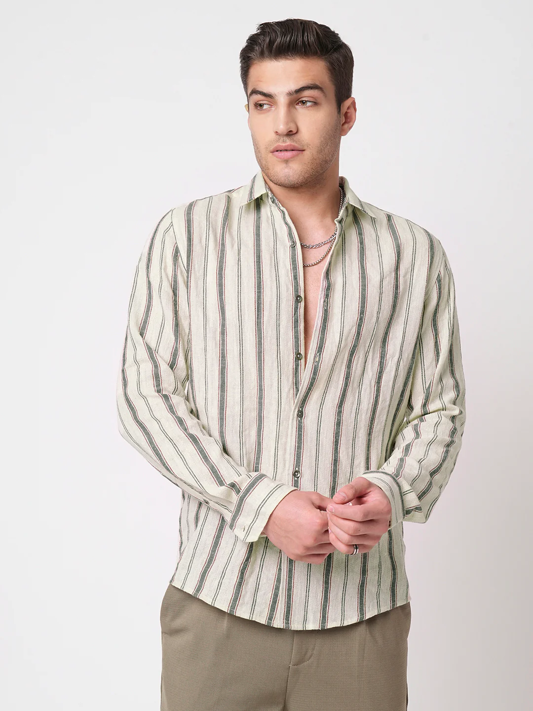 Ivory & Olive Vertical Striped Burlap Shirt - Image 5