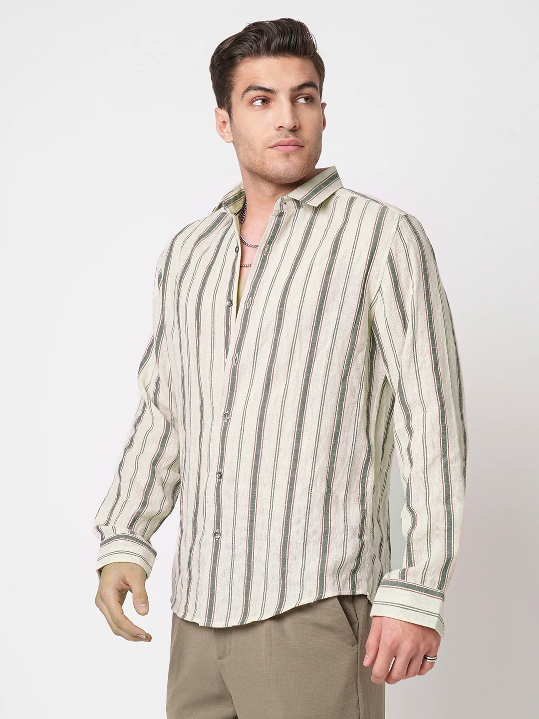 Ivory & Olive Vertical Striped Burlap Shirt - Image 6
