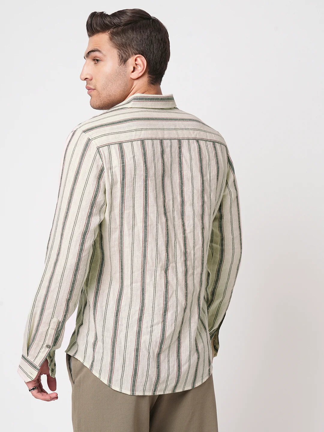 Ivory & Olive Vertical Striped Burlap Shirt - Image 7