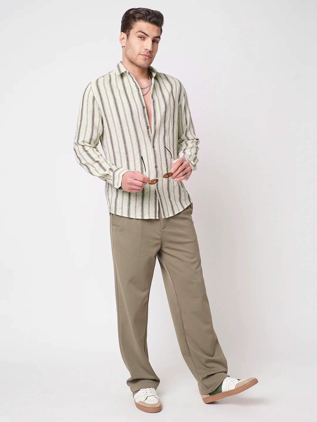 Ivory & Olive Vertical Striped Burlap Shirt - Image 8