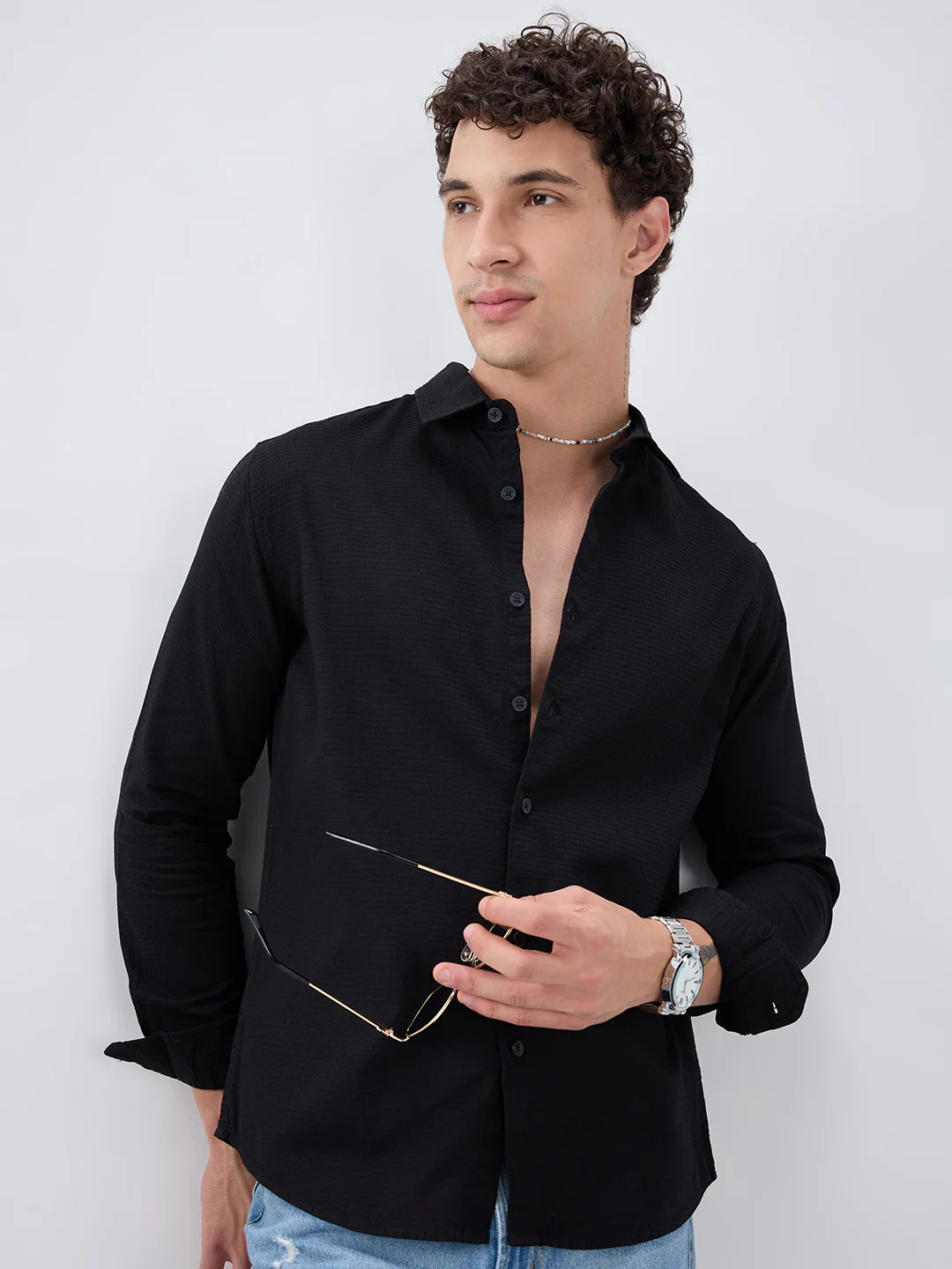 Jade Black Textured Knit Shirt