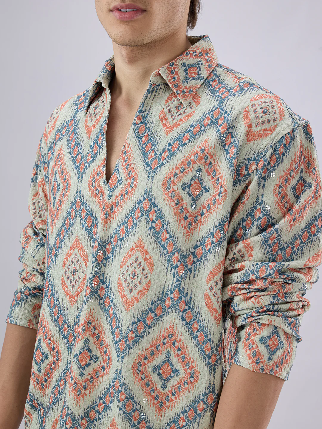 Jashn Aura Blue Sequin Embroidered Polo Neck Oversized Shirt - Image 3