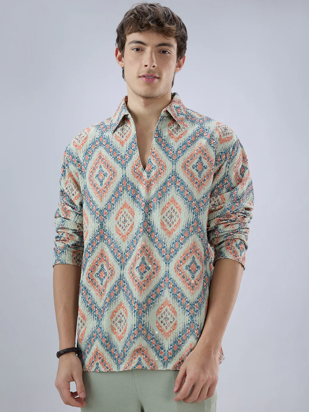 Jashn Aura Blue Sequin Embroidered Polo Neck Oversized Shirt - Image 5