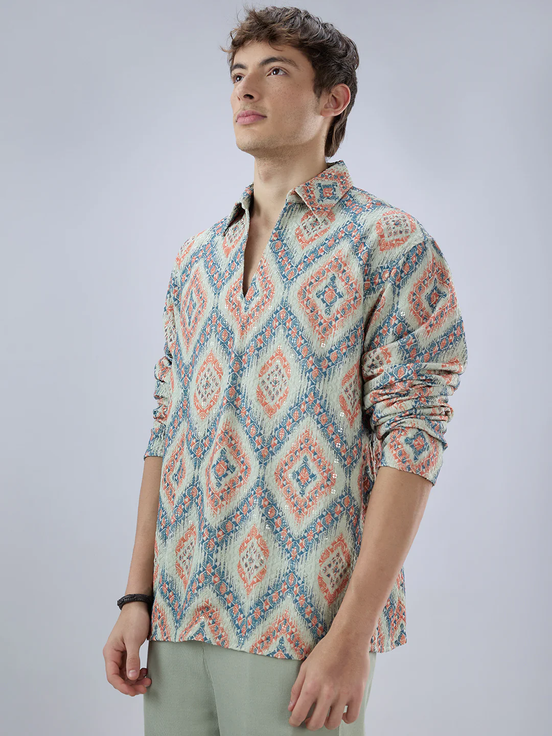 Jashn Aura Blue Sequin Embroidered Polo Neck Oversized Shirt - Image 6