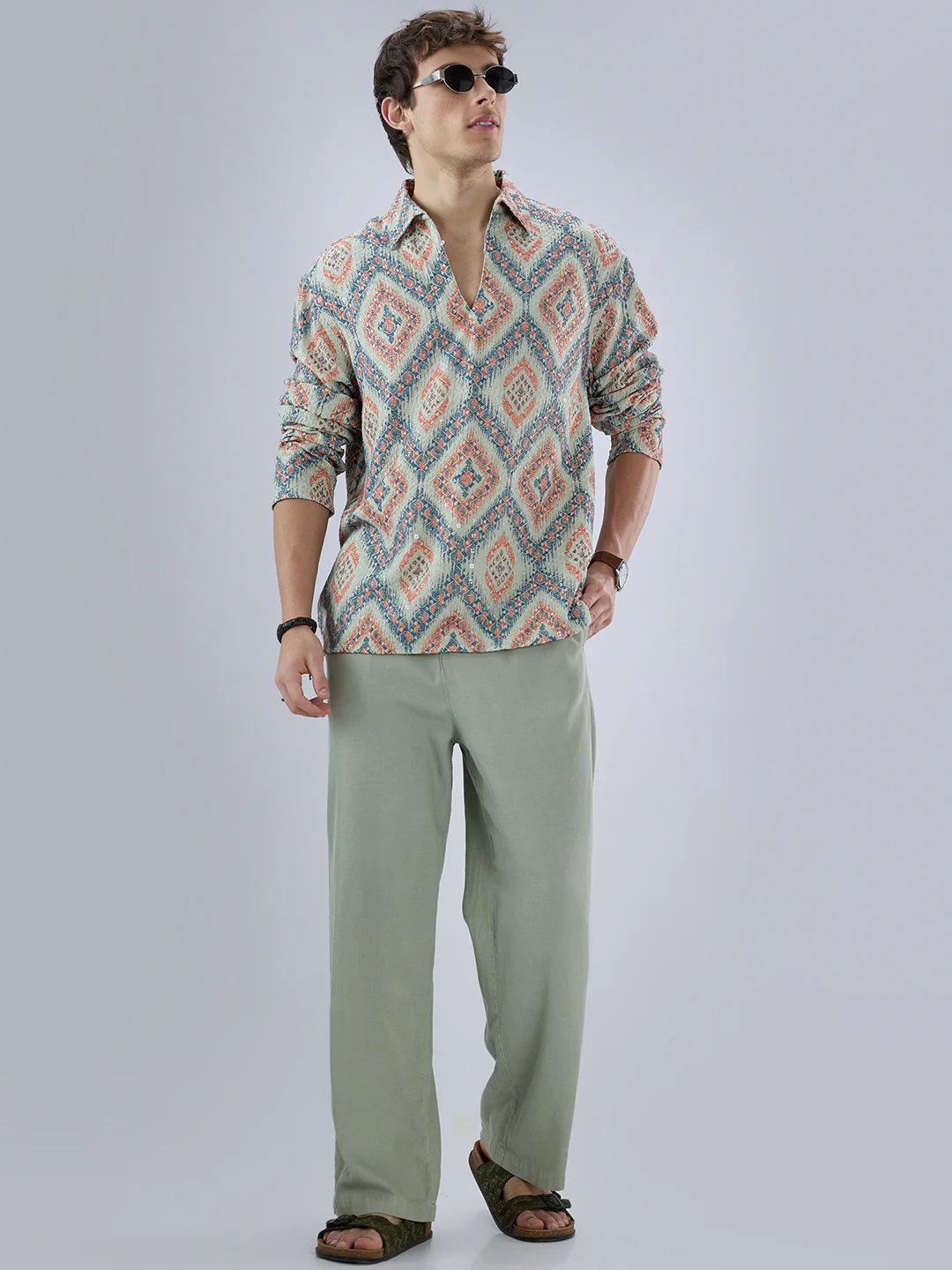 Jashn Aura Blue Sequin Embroidered Polo Neck Oversized Shirt - Image 8