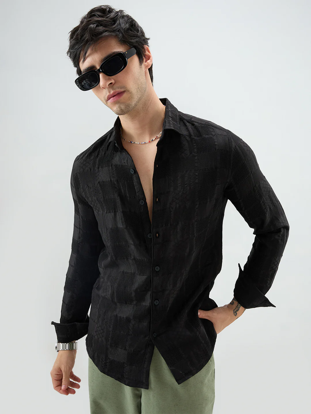 Jet Black Block Checks Motif Embossed Textured Shirt - Image 2