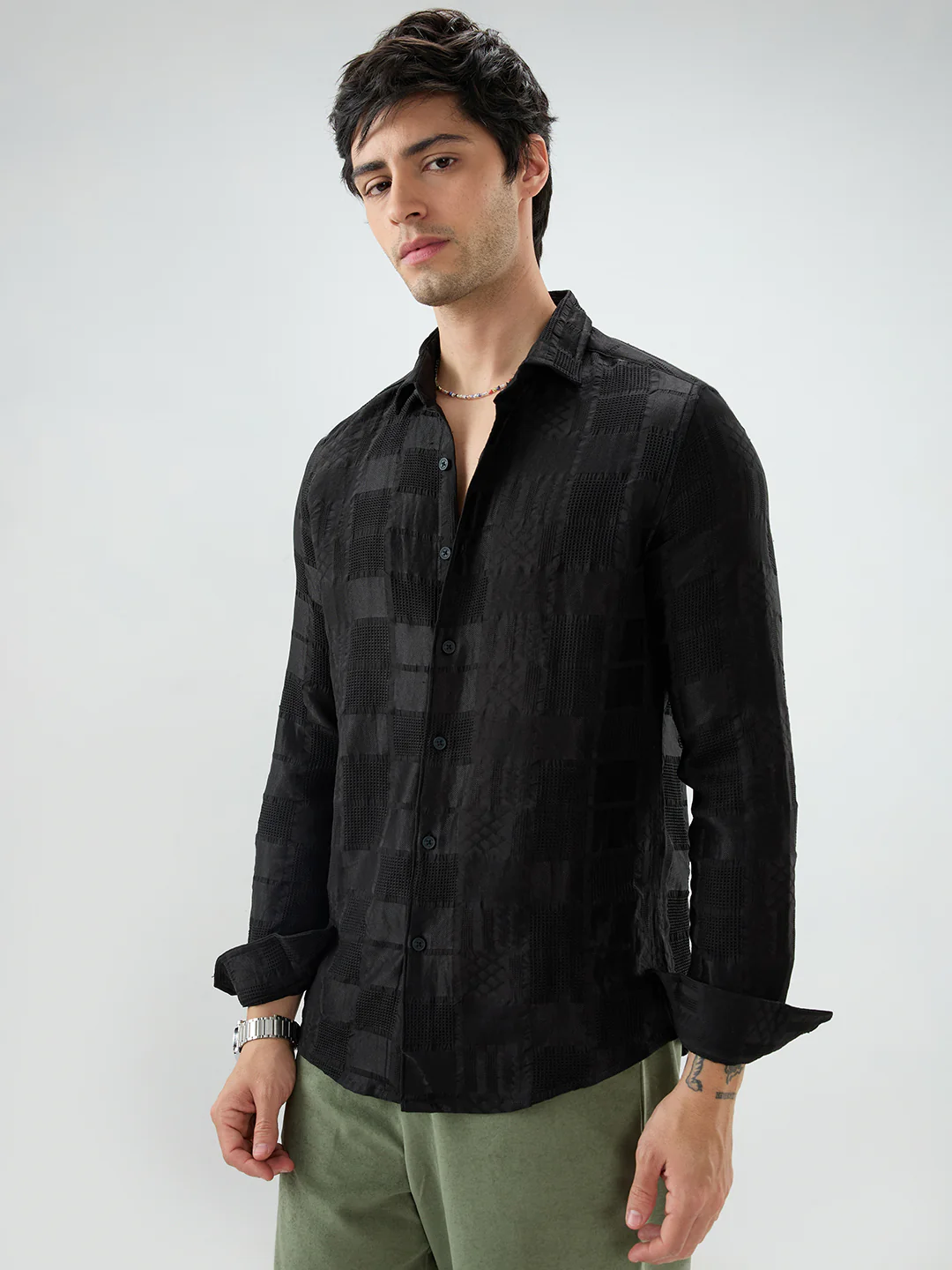 Jet Black Block Checks Motif Embossed Textured Shirt - Image 6