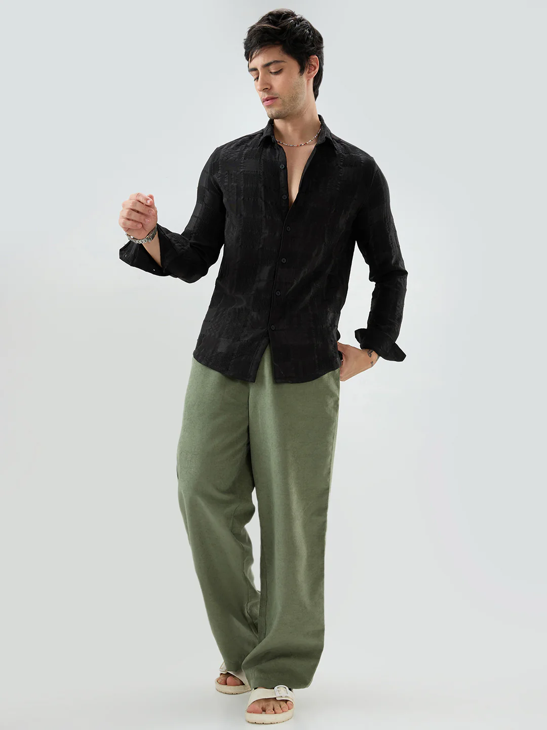 Jet Black Block Checks Motif Embossed Textured Shirt - Image 8